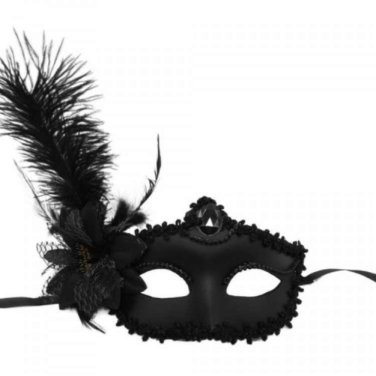 Black Matte Color Side-Feathered Rose Party Ball Venetian Mask 16x22