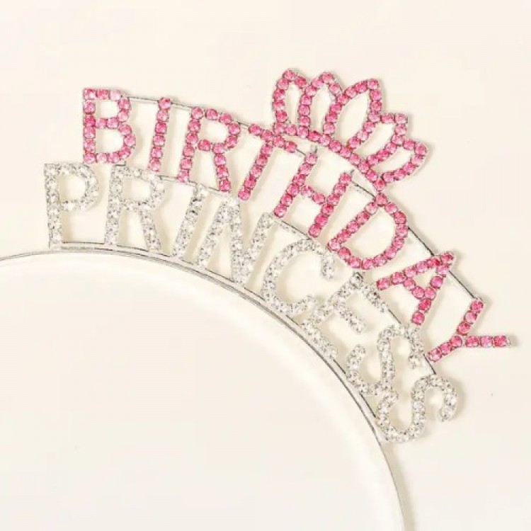 Pink Birthday Princess Party Crown with Crystal Stones, 19x11 cm