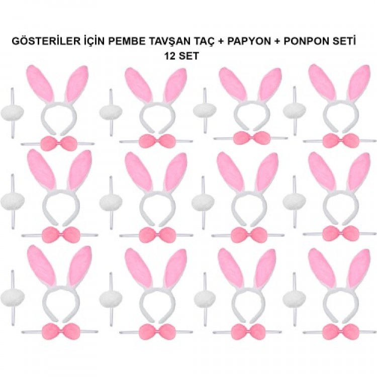 Pembe Tavşan Kostüm Seti – Taç, Papyon, Ponpon (12’li Paket)