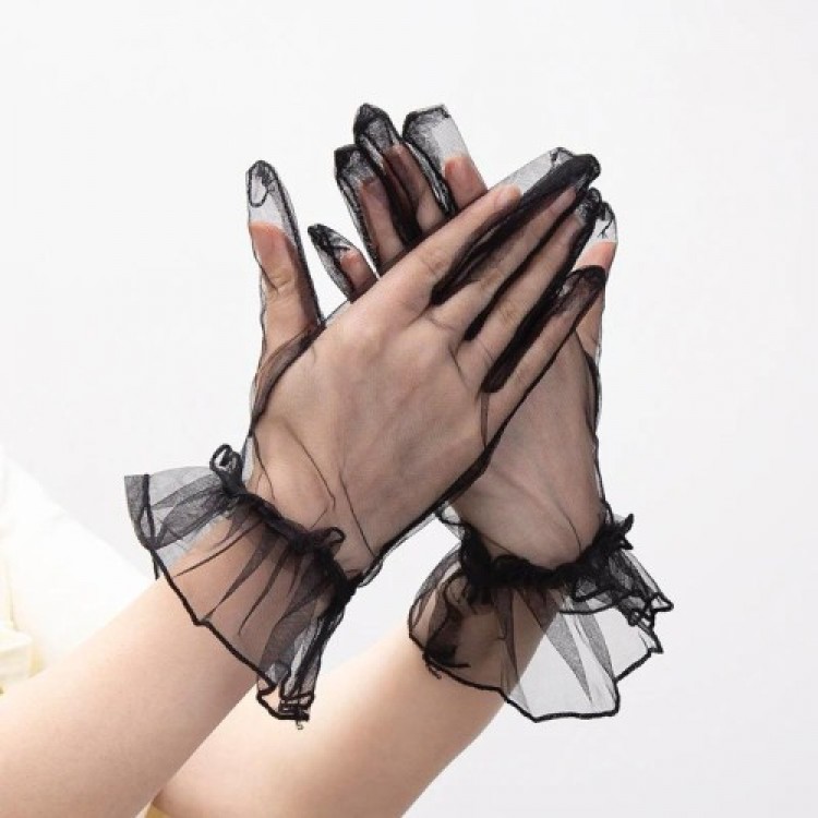 Short Stretch Lace Adult Tulle Gloves Black Color