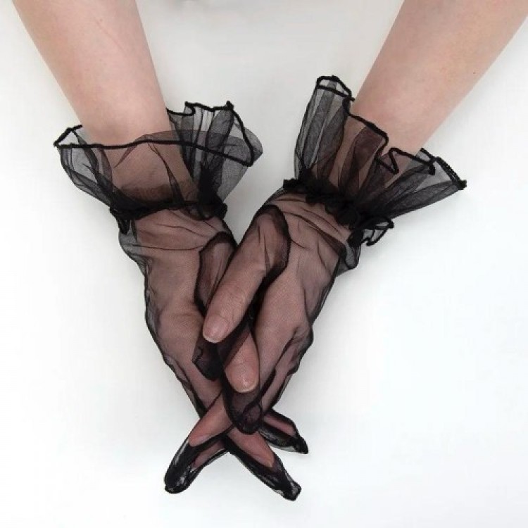 Short Stretch Lace Adult Tulle Gloves Black Color