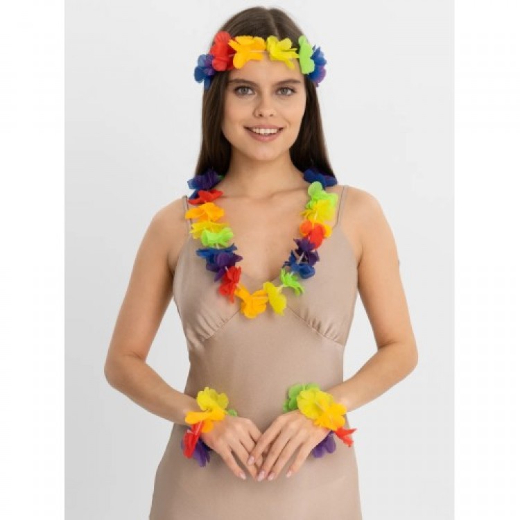 Colorful Hawaiian Necklace Crown Bracelet Set 4 Pieces