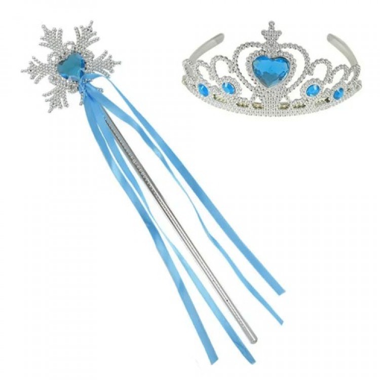 Frozen Elsa Blue Heart Crown and Snow-Themed Wand Set