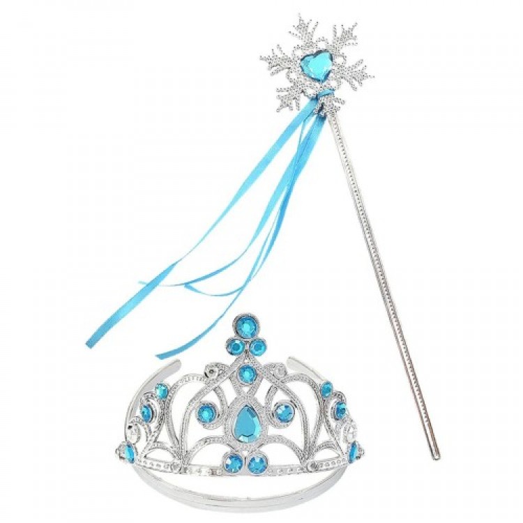 Elsa Children's Crown with Blue Stones and Elsa's Snowflake-Themed Ribbon Wand