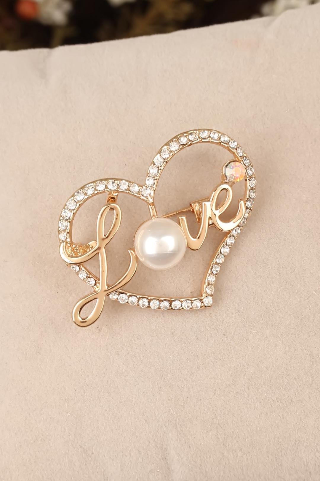 Zirkon Taşlı Love Yazılı Kalpli Broş - TJ-BRS194